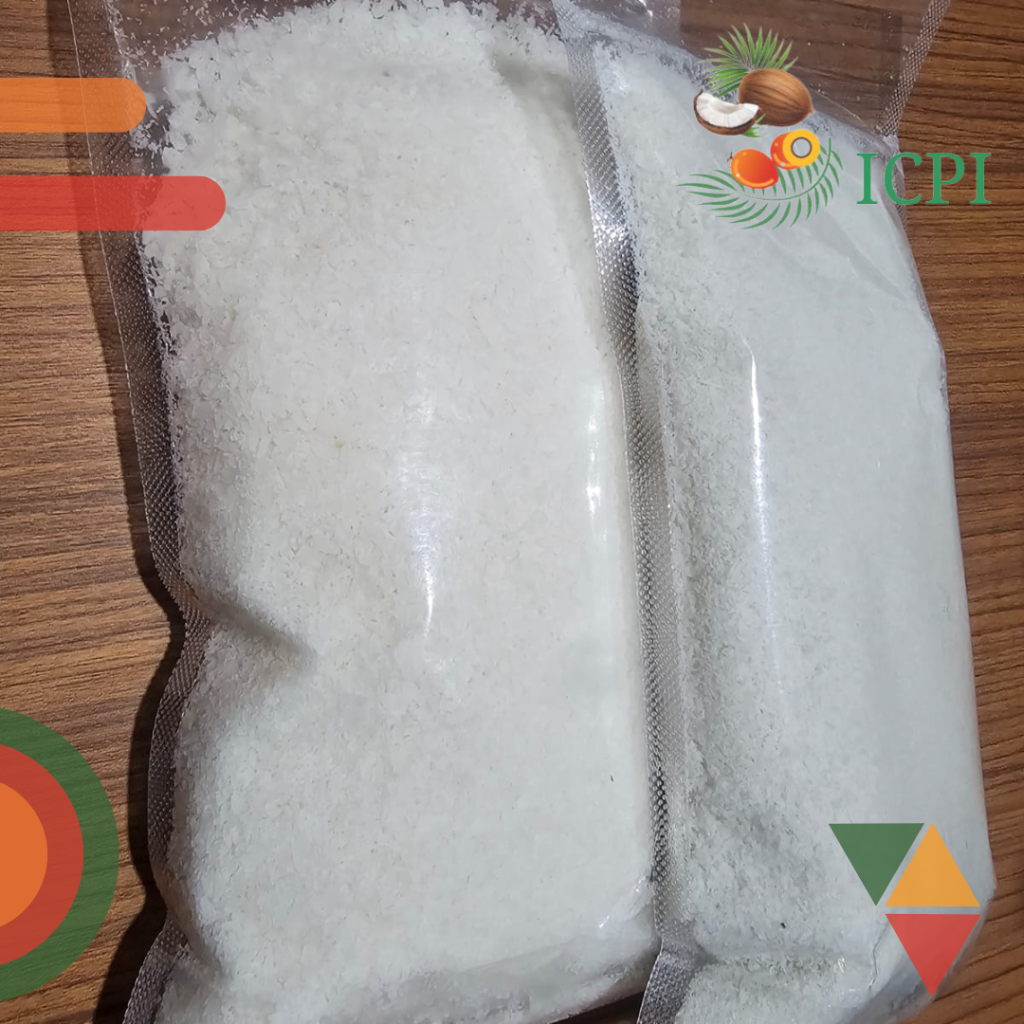Desiccated coconut in small clear plastic retail packaging from Indonesia